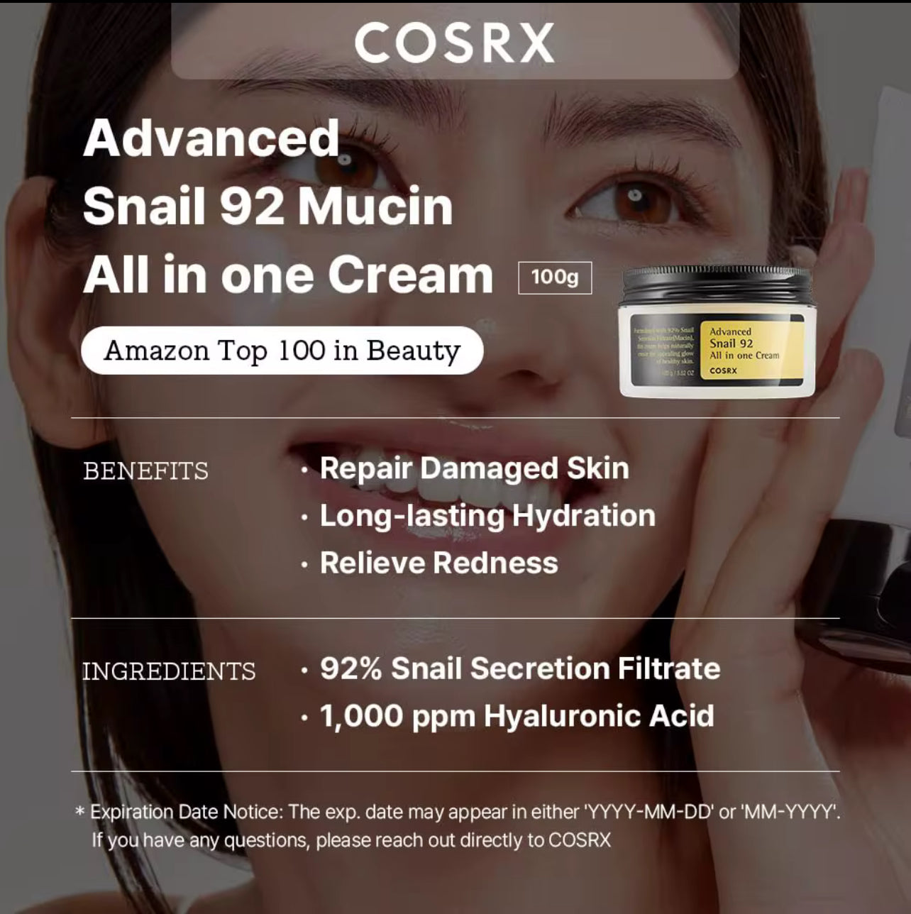 COSRX Snail Mucin 92% Face Moisturizer, 3.52 0z All in One Cream